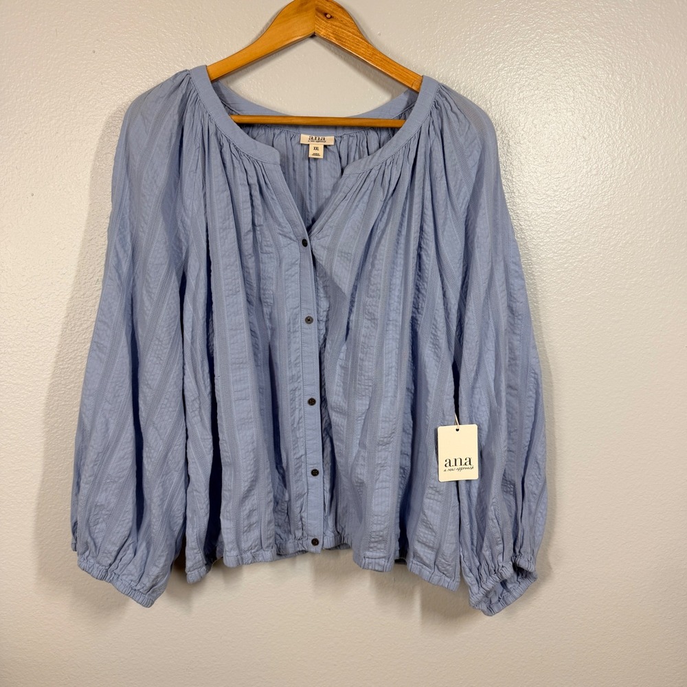 ana Blouse Top Women XXL Blue Button Up‎ Long Sleeve Textured Peasant Top Boho